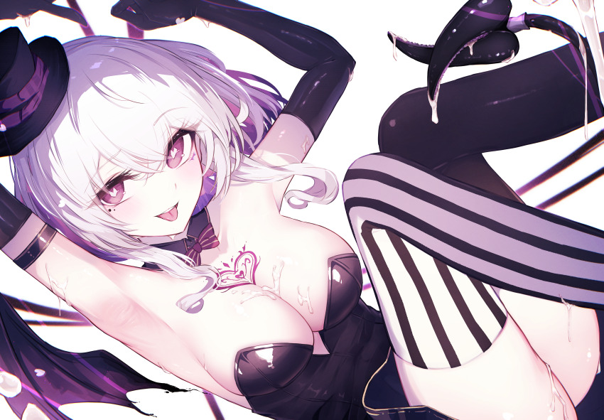 1girl absurdres armpits arms_up blush bow bowtie breasts cleavage demon_girl elbow_gloves gloves hat heart heart-shaped_pupils highres looking_at_viewer non-pubic_inmon open_mouth original pubic_tattoo purple_eyes purple_hair reizouko short_hair smile solo symbol-shaped_pupils tail tattoo thighhighs thighs tongue tongue_out top_hat