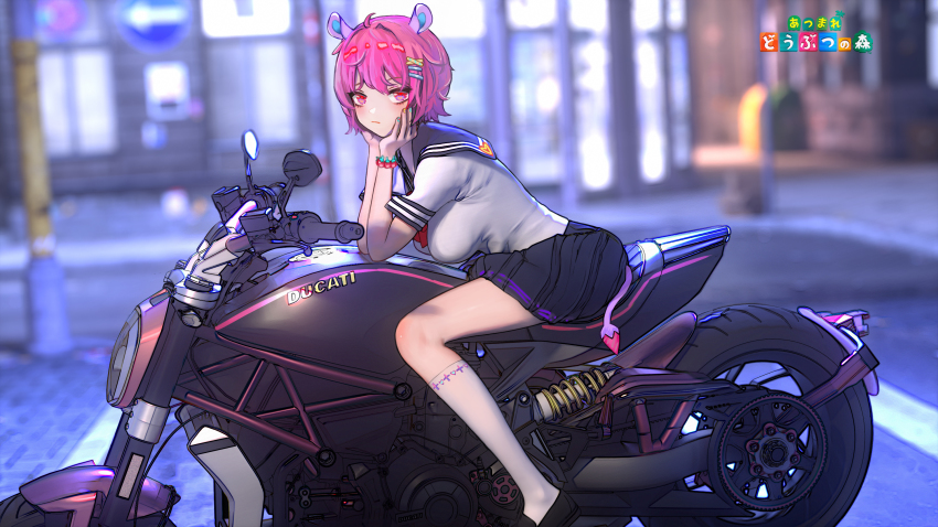 1girl animal_crossing animal_ears blush bracelet daodian_ji female_focus hair_ornament hairclip highres jewelry motor_vehicle motorcycle nail_polish nintendo personification pink_eyes pink_hair renee_(animal_crossing) rhinoceros_ears rhinoceros_tail sailor_collar school_uniform sitting solo