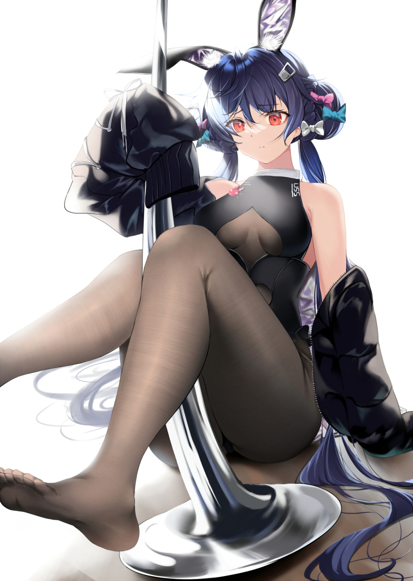 1girl allen_m._sumner_(azur_lane) allen_m._sumner_(charming_rabbit)_(azur_lane) animal_ears ass azur_lane bare_shoulders between_legs black_jacket black_leotard blue_bow blue_hair bodysuit bow braid braided_bun breasts clothing_cutout double_bun expressionless fake_animal_ears feet fine_fabric_emphasis frown hair_between_eyes hair_bow hair_bun hair_ornament hairclip hand_up highres holding holding_pole jacket knees_together_feet_apart legs legs_up leotard long_hair long_sleeves medium_breasts no_shoes off_shoulder official_alternate_costume on_floor open_clothes open_jacket orange_eyes pantyhose pink_bow playboy_bunny pole pole_dancing rabbit_ears rabbit_pin red_eyes sitting solo thighs twintails underboob_cutout unzipped very_long_hair white_bow xi_ying