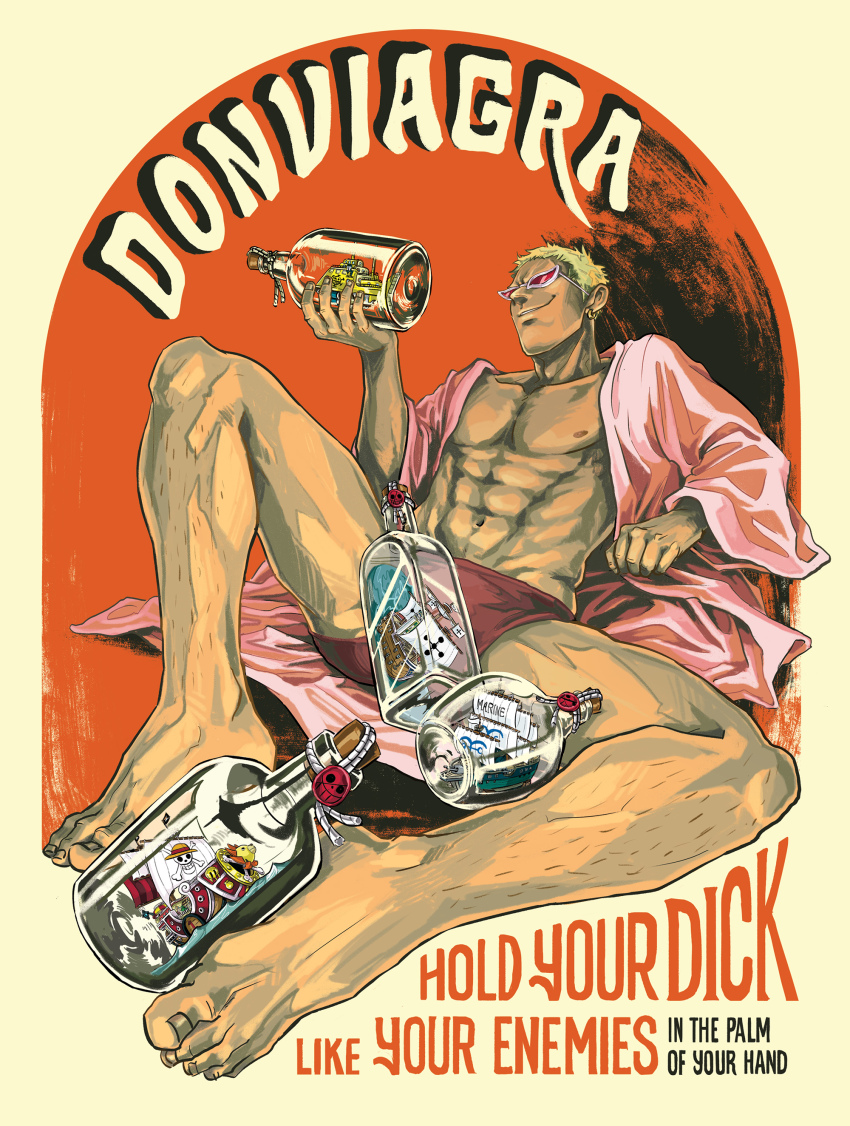 1boy abs absurdres barefoot blonde_hair bottle brown_male_underwear donquixote_doflamingo earrings english_text highres holding holding_bottle jewelry leg_hair male_focus male_underwear mature_male mugibaras muscular muscular_male navel nipples one_piece open_clothes pink_robe polar_tang robe ship_in_a_bottle short_hair smile solo sunglasses thousand_sunny underwear