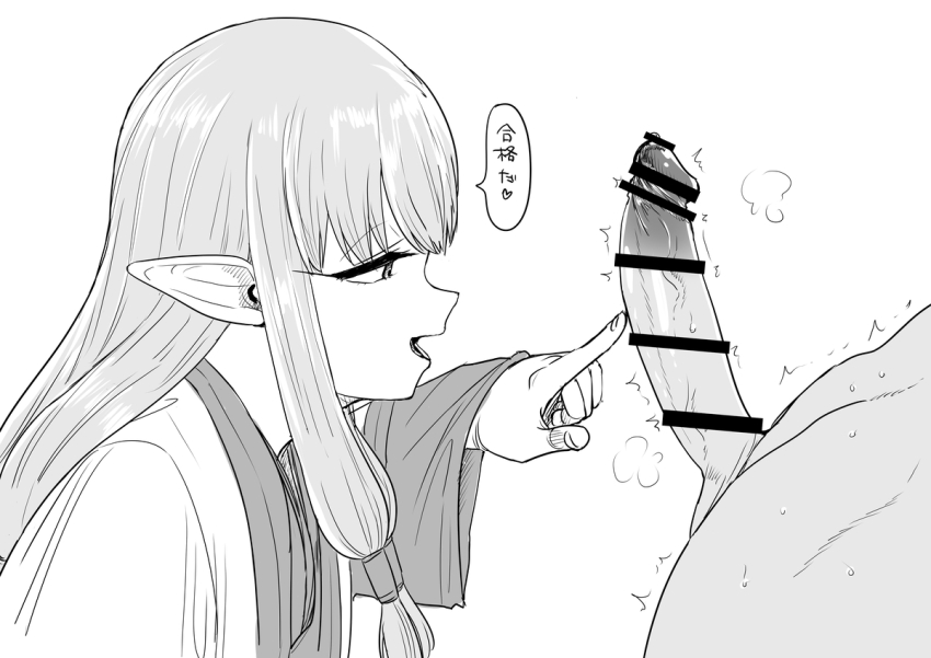 1boy 1girl ^^^ bar_censor censored elf erection index_finger_raised japanese_text kaiman_garupan large_penis long_ears long_hair monochrome open_mouth penis pointy_ears precum serie_(sousou_no_frieren) sousou_no_frieren translated