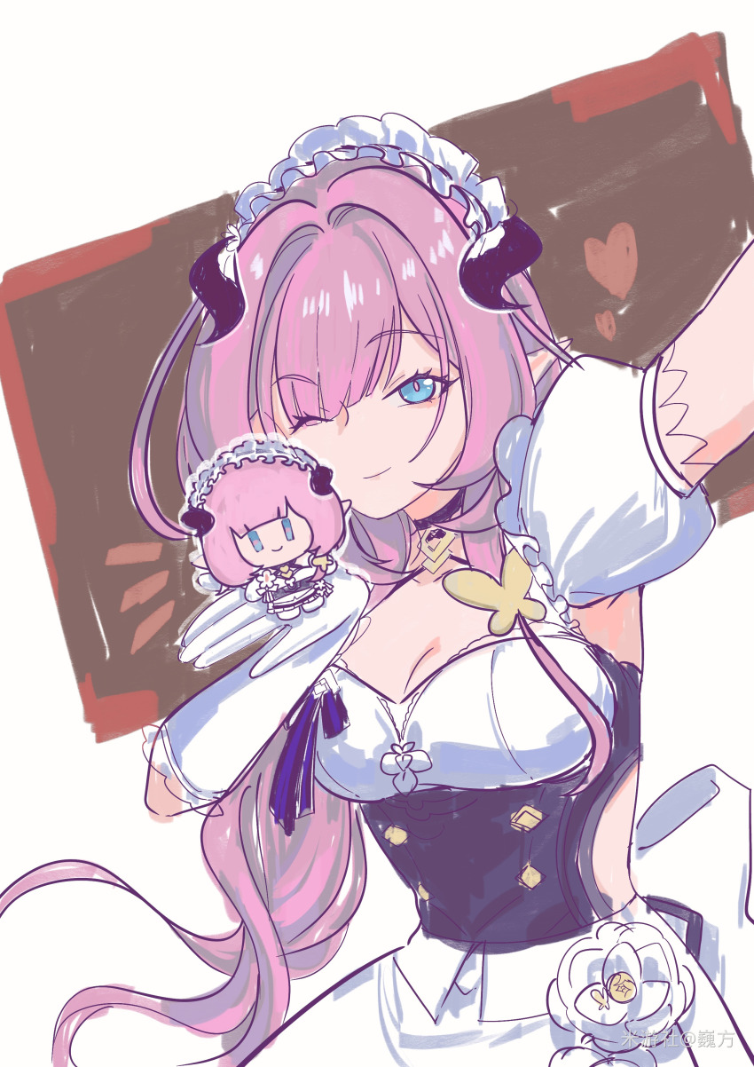 1girl ;) absurdres apron black_dress blue_eyes breasts butterfly_hair_ornament chinese_commentary cleavage clothing_cutout commentary_request dress elysia_(honkai_impact) elysia_(miss_pink)_(honkai_impact) elysia_(miss_pink_elf)_(honkai_impact) fake_horns hair_ornament highres holding_chibi honkai_(series) honkai_impact_3rd horns looking_at_viewer maid maid_apron maid_headdress medium_breasts miyoushe_watermark official_alternate_costume one_eye_closed pink_hair side_cutout smile solo watermark wei_fang white_apron