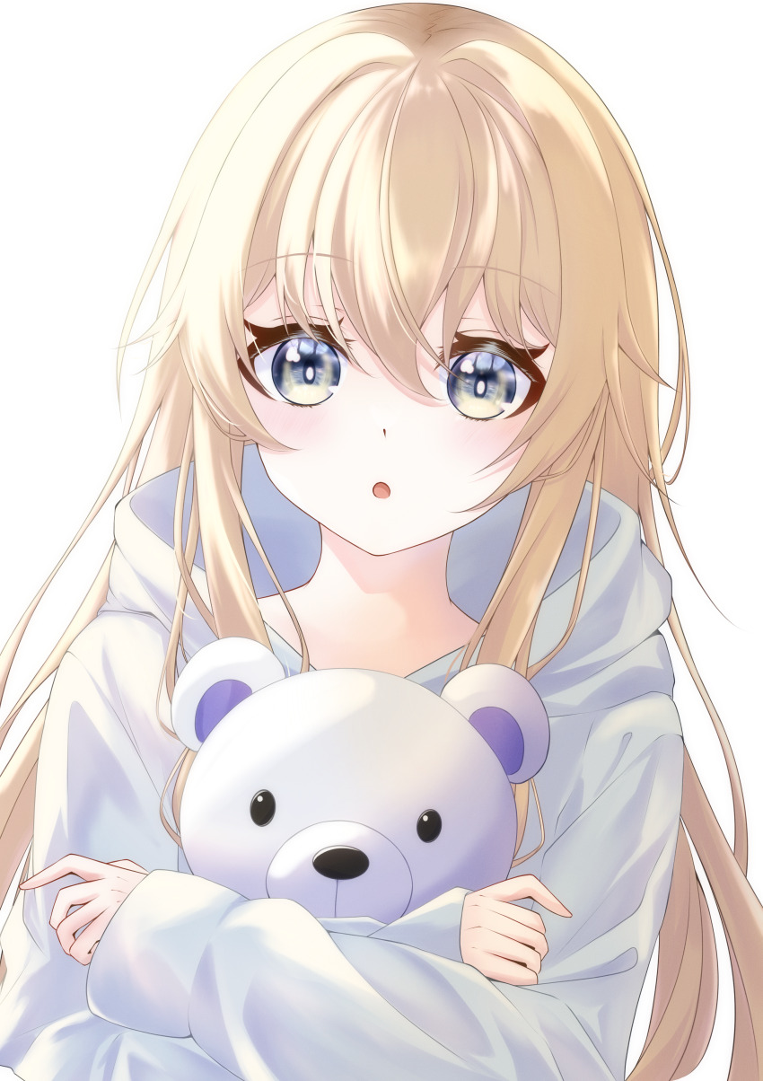 1girl absurdres blonde_hair blue_eyes blush green_eyes highres holding_teddy_bear hood hood_down hoodie long_sleeves longhorn looking_at_viewer open_mouth original reachizu solo stuffed_animal stuffed_toy teddy_bear white_hoodie