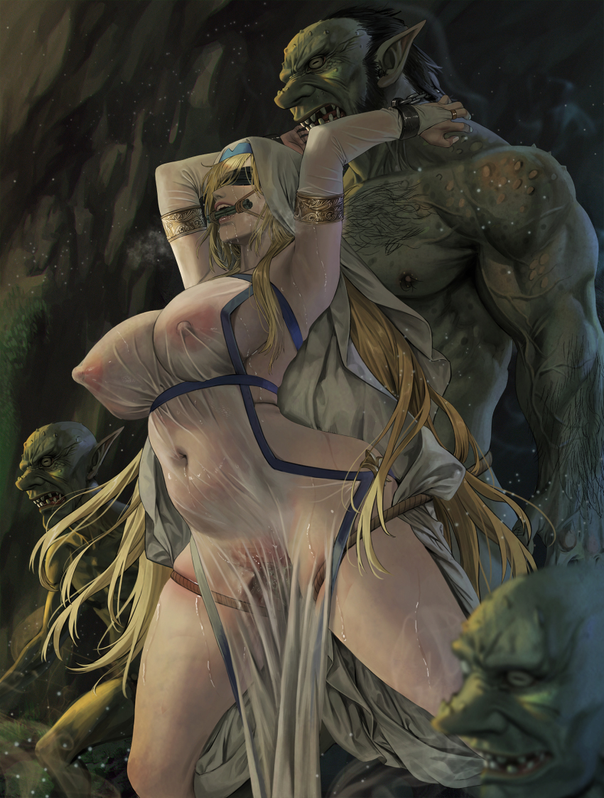 1girl 3boys bdsm bit_gag black_blindfold blindfold blonde_hair bondage bound bound_legs bound_wrists breasts breasts_apart bridal_gauntlets chain chained chained_cuffs chained_wrists commentary covered_erect_nipples covered_navel cuffs dress elbow_gloves english_commentary fanny_packing female_focus gag gagged gloves goblin goblin_slayer! habit hetero highres huge_breasts interspecies jeneral large_breasts long_hair meat_armor mounting multiple_boys navel nipples pacifier paid_reward_available pelvic_curtain pussy rape rope see-through_clothes see-through_dress sex sex_from_behind standing standing_sex sword_maiden vaginal very_long_hair white_dress white_gloves wrist_cuffs