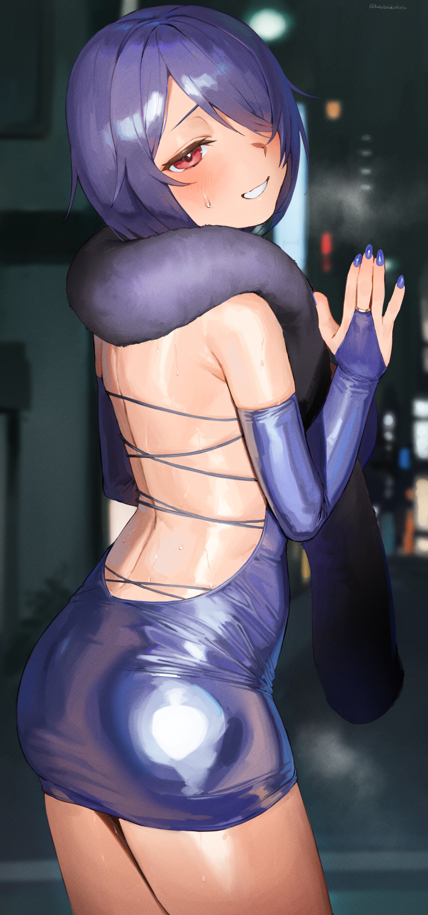 1girl absurdres aogiri_koukou ass backless_dress backless_outfit blue_dress blue_hair blue_nails bridal_gauntlets cowboy_shot dress frikulu from_behind fur_shawl hair_over_one_eye highres looking_at_viewer night otodama_tamako outdoors red_eyes shawl short_dress short_hair smile solo tight_clothes tight_dress virtual_youtuber