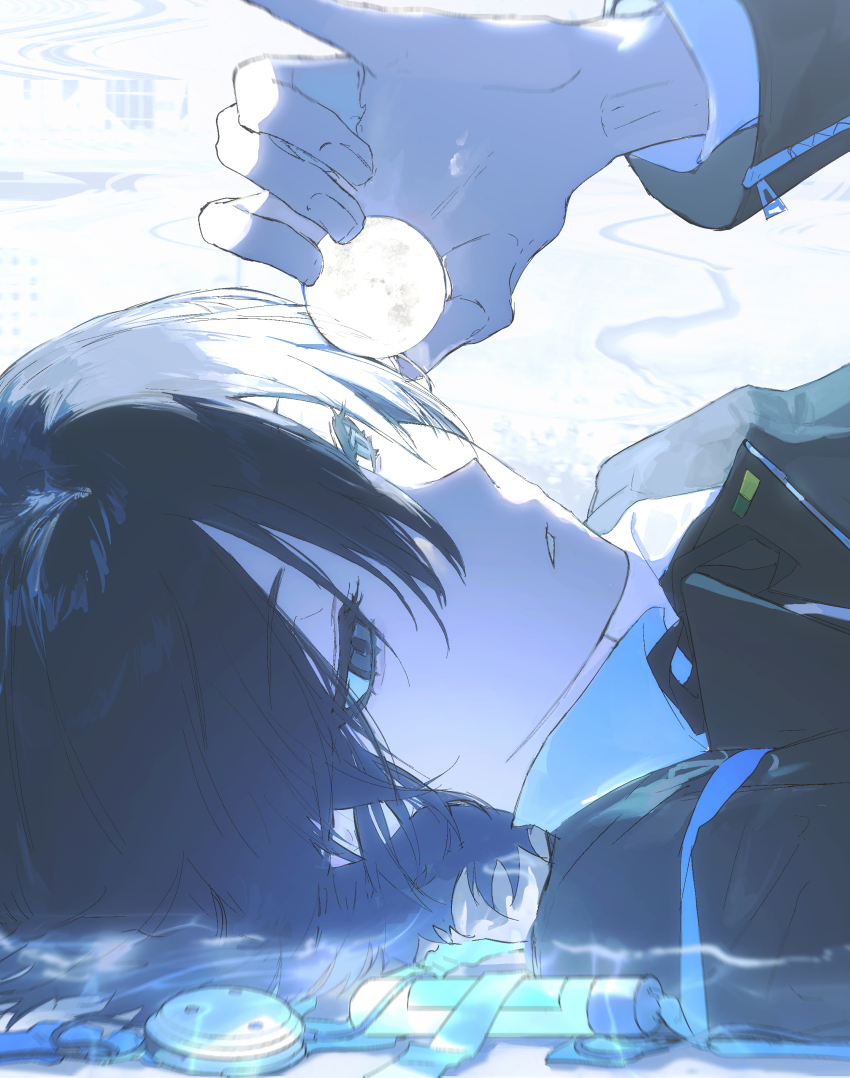 abstract_background absurdres black_hair black_jacket collared_shirt from_side grey_eyes hand_up headphones headphones_removed highres holding jacket kaiaik_(zheliakaina) lying noragami on_back portrait shirt solo white_shirt yato_(noragami) zipper