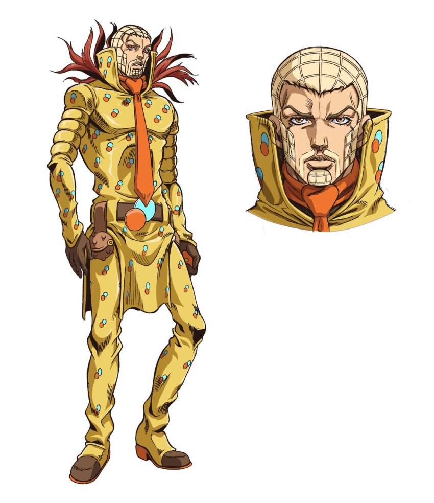 1boy anime_coloring araki_hirohiko_(style) ball beard belt blonde_hair brown_belt brown_gloves cube_hair_ornament facial_hair gloves grandguerrilla hair_ornament high_collar highres holding holding_ball holster jacket jojo_no_kimyou_na_bouken looking_at_viewer male_focus multiple_views mustache necktie official_style orange_necktie pants pelvic_curtain popped_collar simple_background steel_ball_(jojo) steel_ball_run wekapipo yellow_eyes yellow_jacket yellow_pants