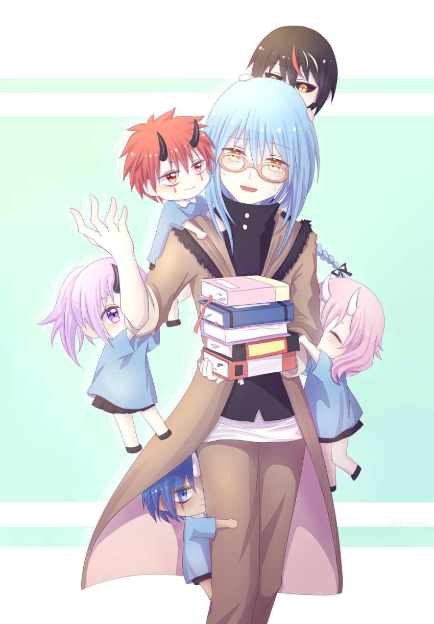 1other 2girls 3boys aged_down benimaru_(tensura) black_hair blue_eyes blue_hair book brown_jacket diablo_(tensura) glasses highres horns jacket multiple_boys multiple_girls purple_eyes purple_hair red_hair rimuru_tempest shion_(tensura) short_hair shuna_(tensura) soei_(tensura) tensei_shitara_slime_datta_ken yellow_eyes youzora