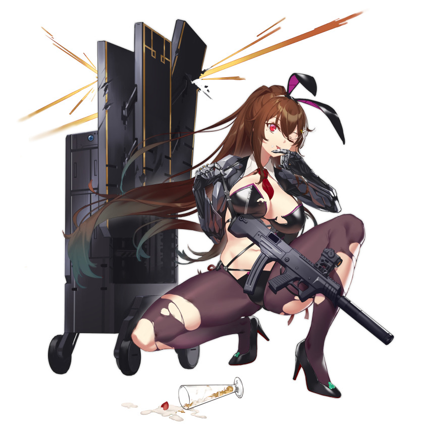 1girl ;p animal_ears behind_cover between_breasts bikini black_bikini black_pantyhose black_shoes breasts brown_hair bullpup cleavage cup detached_collar drinking_glass fake_animal_ears fangdan_runiu food food_on_face food_on_hand footwear_ornament full_body girls&#039;_frontline gun gun_sling hair_ornament high_heels highres js_9_(girls&#039;_frontline) js_9_(parfait_martini)_(girls&#039;_frontline) large_breasts leotard licking licking_finger licking_own_finger light_smile long_hair looking_up mechanical_arms meme_attire mole mole_under_eye navel necktie necktie_between_breasts official_alternate_costume official_art one_eye_closed pantyhose parfait playboy_bunny prosthesis prosthetic_arm qcw-05 rabbit_ears red_eyes red_necktie reverse_bunnysuit reverse_outfit revision shoes simple_background solo spill squatting strawberry_parfait stray_bullets swimsuit thigh_strap third-party_source tongue tongue_out torn_bikini torn_clothes torn_pantyhose transparent_background very_long_hair weapon_case wheel zipper zipper_bikini