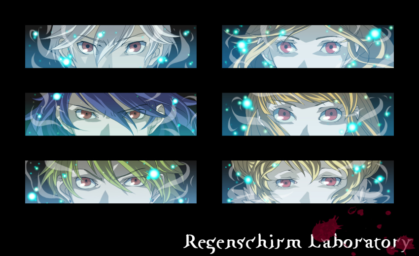 3boys 3girls aura bio_lab blonde_hair blood blood_splatter blue_hair blunt_bangs cecil_damon commentary_request eremes_guile eye_focus floating_hair green_hair hair_between_eyes howard_alt-eisen kathryne_keyron looking_at_viewer margaretha_sorin multiple_boys multiple_girls parody persona persona_3 persona_eyes piyomaru029 ragnarok_online red_eyes seyren_windsor v-shaped_eyebrows white_hair