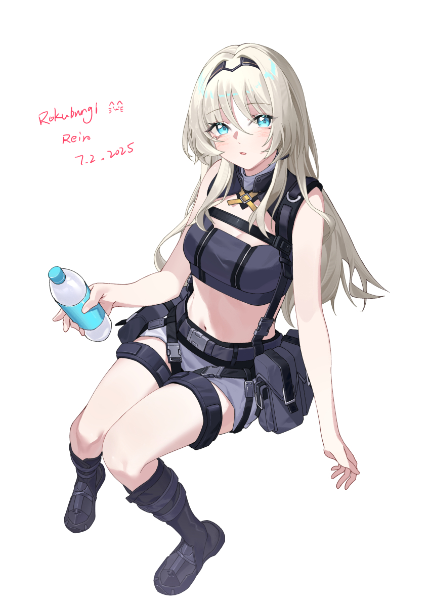 1girl absurdres an-94_(girls&#039;_frontline) aqua_eyes black_hairband blonde_hair bottle dated full_body girls&#039;_frontline hairband highres holding holding_bottle navel simple_background solo water_bottle white_background zhu_fun_(pixiv_21401851)