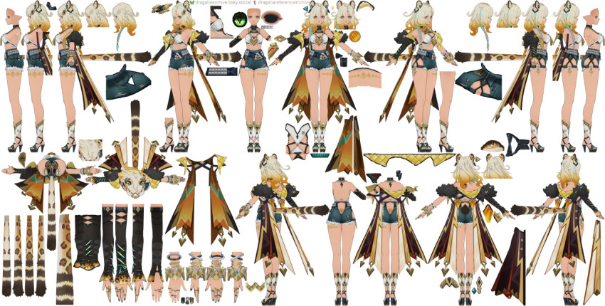 animal_ears black_shorts blonde_hair bracelet breasts cleavage earrings genshin_impact green_hair jaguar_ears jaguar_tail jewelry platform_sandals reference_sheet ring sandals shorts tail vision_(genshin_impact) xilonen_(genshin_impact)