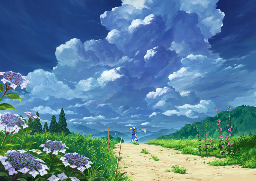 1girl absurdres blue_bow blue_dress blue_hair bow butterfly_net cirno cloud cloudy_sky commentary cumulonimbus_cloud day dress facing_away flower forest grass hand_net hat hat_bow highres holding holding_butterfly_net hydrangea ice ice_wings mountainous_horizon nature outdoors path pink_flower purple_flower road sasaj scenery short_hair sky solo straw_hat summer touhou tree very_wide_shot white_flower wings