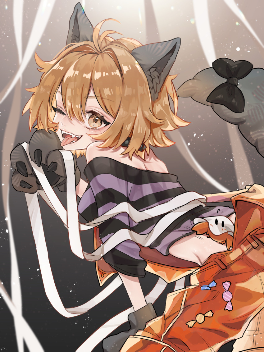 1girl animal_ears animal_hands black_collar brown_eyes brown_hair collar crab fake_animal_ears fake_tail fangs gloves halloween halloween_costume highres kantai_collection oboro_(halloween)_(kancolle) oboro_(kancolle) official_alternate_costume one_eye_closed orange_overalls overalls paw_gloves purple_shirt ruohire9 shirt short_hair smile solo striped_clothes striped_shirt tail vertical-striped_clothes vertical-striped_shirt wolf_ears wolf_tail