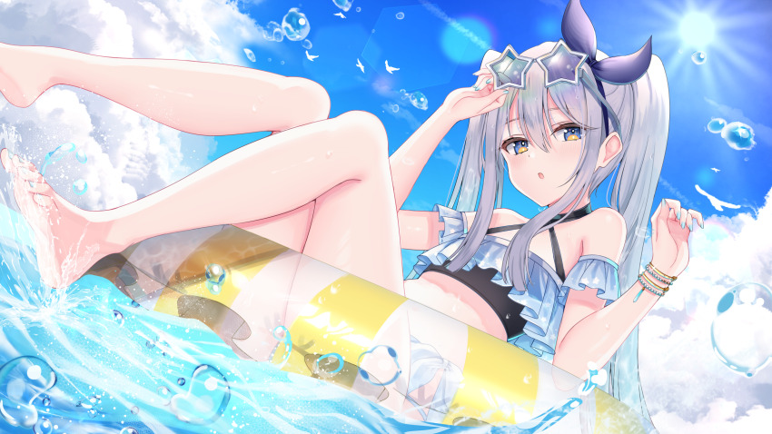 1girl bare_shoulders barefoot bikini blue_eyes blue_nails blue_sky bracelet cloud eyewear_on_head gradient_eyes grey_hair hairband highres innertube jewelry kanikou multicolored_eyes nail_polish original sky solo star_(symbol) sun swim_ring swimsuit toenail_polish toenails twintails water