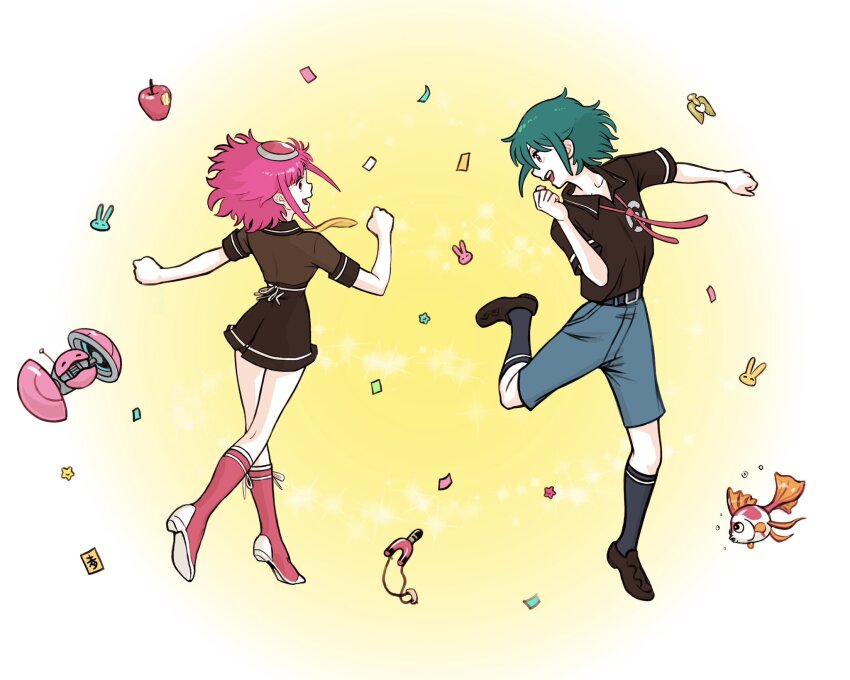 1boy 1girl aobito_sukoyaka_bystander bellri_zenam black_hair boots chuchumy commentary dancing english_commentary fish goldfish gundam gundam_g_no_reconguista hair_between_eyes highres nobell noredo_nug open_mouth pink_eyes pink_hair robot shirt shoes short_hair short_sleeves shorts skirt smile socks