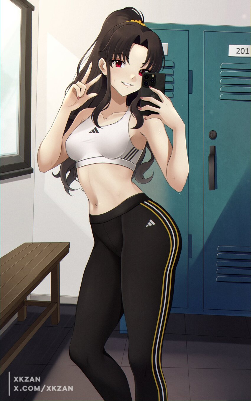 1girl adidas bench black_hair black_pants bra breasts cellphone commentary english_commentary fate/grand_order fate_(series) highres indoors ishtar_(fate) leggings locker locker_room long_hair looking_at_viewer medium_breasts paid_reward_available pants phone ponytail red_eyes selfie smartphone smile solo sports_bra standing underwear v xkzan yoga_pants