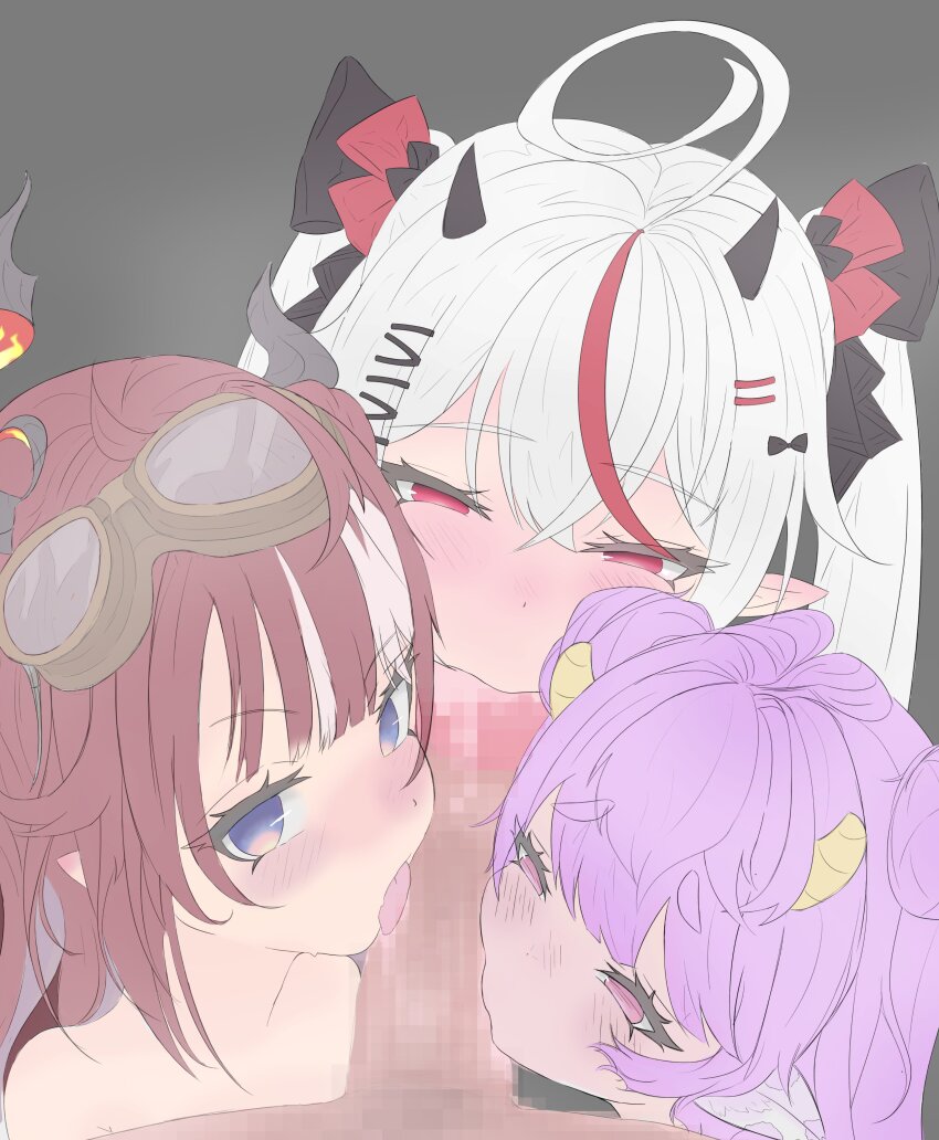 1boy 3girls ahoge animal_ears artist_request blue_eyes blush bow censored cooperative_fellatio cow_ears cunnilingus double_bun erection fellatio goggles goggles_on_head grey_background hair_bow hair_bun hair_ornament hairclip horns looking_at_viewer mosaic_censoring multicolored_hair multiple_girls muu_muyu oral penis phase_connect pink_eyes pov pov_crotch purple_hair red_eyes red_hair remilia_nephys saya_sairroxs streaked_hair teamwork_(sexual) tongue tongue_out virtual_youtuber white_hair