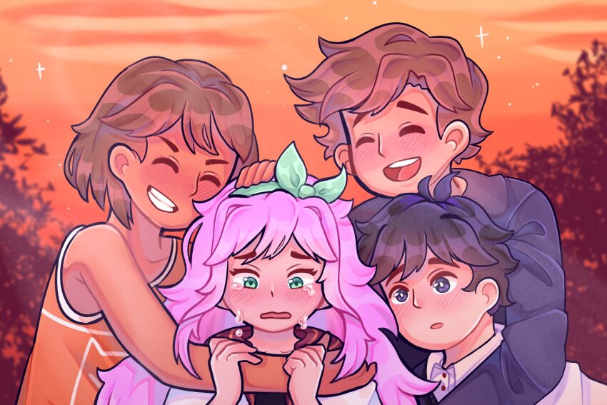 1girl 3boys antenna_hair aubrey_(faraway)_(omori) aubrey_(omori) black_hair bow_hairband bright_pupils brothers closed_eyes commentary didy414 english_commentary grin hair_behind_ear hairband hero_(faraway)_(omori) hero_(omori) highres jacket kel_(faraway)_(omori) kel_(omori) long_hair looking_at_another multiple_boys omori open_mouth pink_hair scene_reference shirt short_hair siblings skirt smile sunny_(omori) white_jacket white_pupils