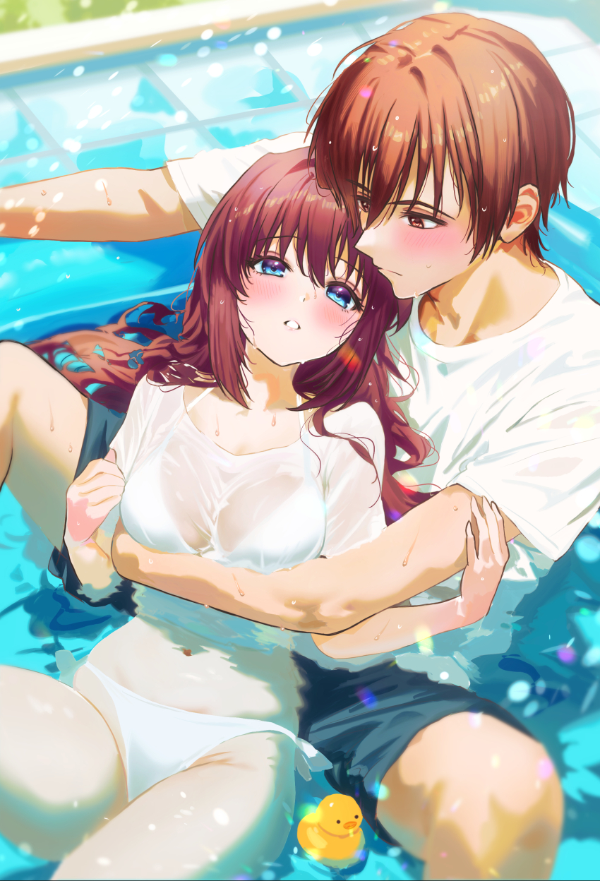 1boy 1girl a-chan_(little_busters!) absurdres alternate_costume arm_around_waist bikini blue_eyes blush breasts brown_eyes brown_hair cleavage closed_mouth collarbone commentary_request couple cowboy_shot curvy day eyelashes groin hair_between_eyes hair_over_shoulder hair_spread_out hand_on_another&#039;s_arm hetero highres hug hug_from_behind large_breasts little_busters! long_hair looking_at_another lying male_swimwear miiizuno_lbs natsume_kyousuke navel on_back outdoors parted_lips pool rubber_duck see-through_clothes see-through_shirt shirt short_hair short_sleeves shy side-tie_bikini_bottom sitting skindentation spread_legs swim_trunks swimsuit tsurime wading water wet wet_clothes wet_hair wet_shirt white_bikini white_shirt