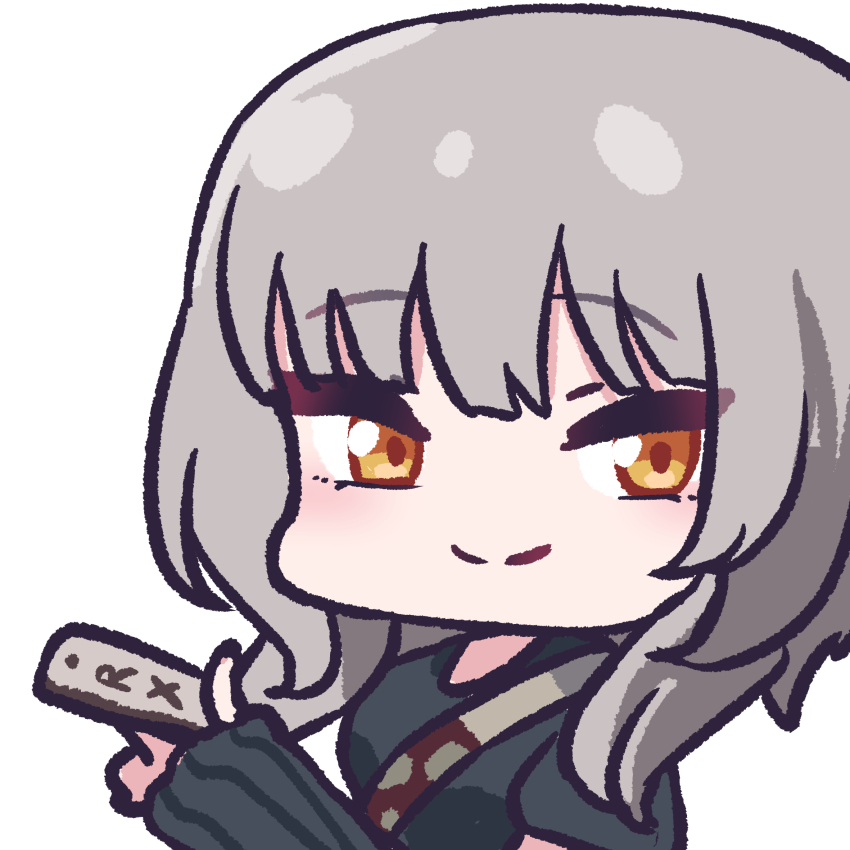 1girl between_breasts breasts character_request chibi chibi_only copyright_name detached_sleeves grey_hair highres holding long_sleeves looking_at_viewer panatisia portrait project_rx shirt short_sleeves simple_background smile solo split_mouth strap_between_breasts white_background white_shirt yellow_eyes