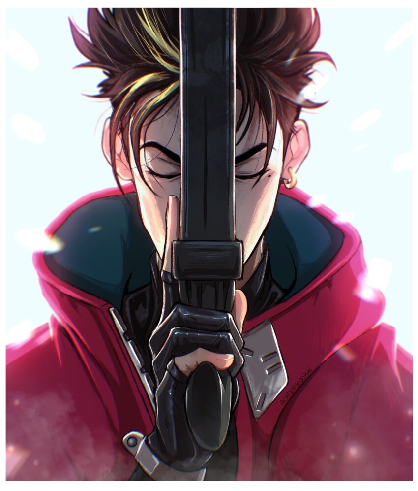 1boy acatnamedskai agl_arms_.45_long_colt aiming_up alternate_hair_color black_gloves blonde_hair border break-action_revolver brown_hair closed_eyes commentary covered_mouth earrings english_commentary facing_viewer gloves glowing_feather gun hand_up handgun highres holding holding_gun holding_weapon jacket jewelry low_bore_axis_revolver male_focus mole mole_under_eye multicolored_hair partially_fingerless_gloves portrait red_jacket revolver short_hair simple_background single_earring solo streaked_hair trigger_discipline trigun vash_the_stampede weapon white_background
