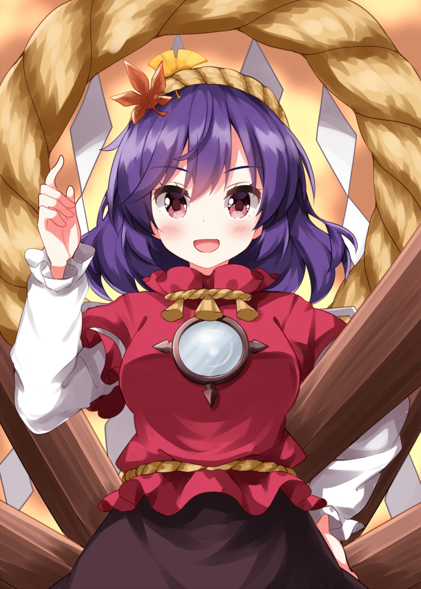 1girl :d black_skirt blush cowboy_shot hand_on_own_hip hand_up highres layered_sleeves leaf leaf_on_head long_sleeves looking_at_viewer medium_hair mirror onbashira open_mouth purple_hair red_eyes red_shirt rope ruu_(tksymkw) shimenawa shirt short_hair short_over_long_sleeves short_sleeves skirt smile solo touhou yasaka_kanako