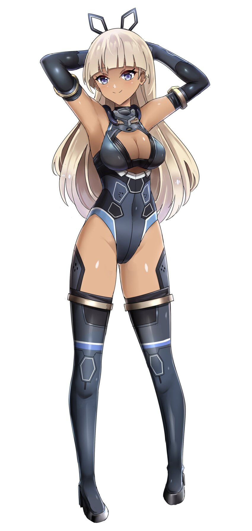 1girl absurdres alice_gear_aegis black_leotard blonde_hair blush boots breasts character_request cleavage_cutout clothing_cutout full_body gloves highres large_breasts leotard long_hair looking_at_viewer open_mouth simple_background smile solo sudhiro_sappurisa tan thigh_boots weapon white_background
