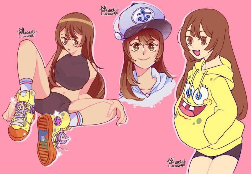 bike_shorts guilty_gear hood hood_down may_(guilty_gear) mugencosmonaut spongebob_squarepants_(series) sports_bra tagme