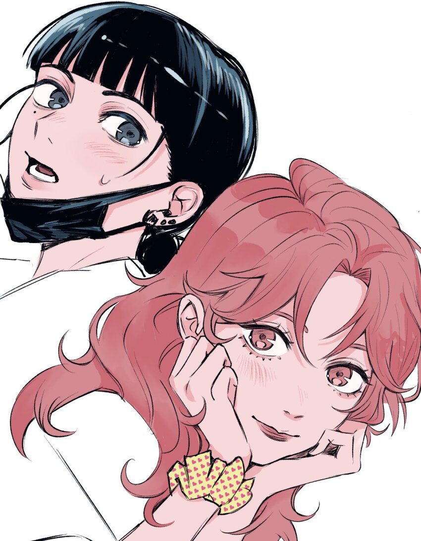 2girls black_eyes black_hair black_mask commentary earrings emzok english_commentary head_rest highres jewelry kininatteru_hito_ga_otoko_ja_nakatta koga_mitsuki mask mask_pull mole mole_under_eye mouth_mask multiple_earrings multiple_girls oosawa_aya ponytail red_eyes red_hair red_lips scrunchie smile unfinished wavy_hair wrist_scrunchie