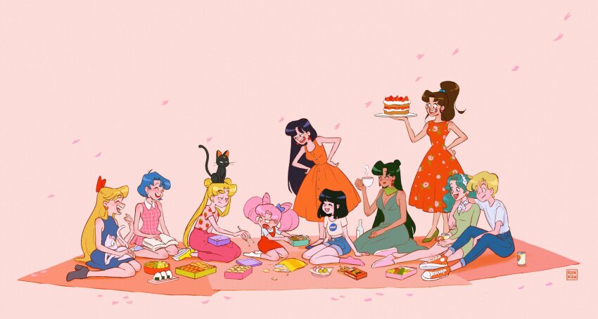 6+girls aino_minako animal animal_on_head animal_on_lap arm_around_neck artemis_(sailor_moon) artist_logo bag_of_chips bishoujo_senshi_sailor_moon black_cat black_hair blonde_hair blue_dress blue_hair blue_pants book book_on_lap bottle box brown_hair cake can cat cat_on_head cat_on_lap chibi_usa chopsticks commentary cookie cup dango denim denim_shorts dress earrings english_commentary falling_petals floral_print food food_print fruit_print green_dress green_hair green_neckerchief grin hanami hands_on_own_hips highres hino_rei holding holding_animal holding_book holding_cake holding_can holding_cat holding_chopsticks holding_cup holding_food jewelry kaiou_michiru kino_makoto laughing logo long_hair luna_(sailor_moon) medium_hair meiou_setsuna mizuno_ami multiple_girls nasa_logo neckerchief on_head on_lap onigiri orange_dress pants petals picnic picnic_blanket pink_background pink_dress pink_hair pink_petals pink_shirt pink_skirt pocky polka_dot_headwear polka_dot_neckerchief ponytail ranpanda red_dress sanshoku_dango shirt short_hair shorts simple_background skinny_jeans skirt smile strawberry_print ten&#039;ou_haruka tomoe_hotaru tongue tongue_out tsukino_usagi twintails very_long_hair wagashi white_cat white_shirt