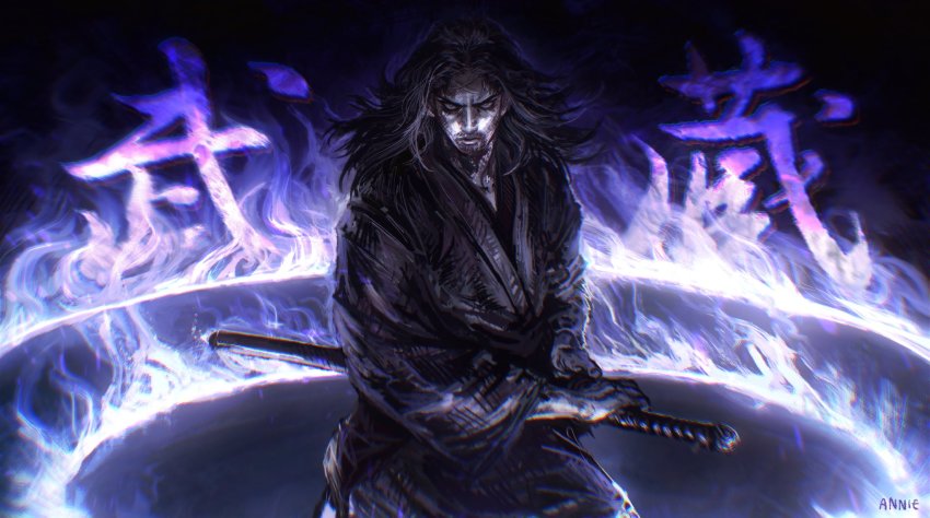1boy anniechromes beard black_background black_hair cowboy_shot facial_hair fighting_stance fire fire highres holding holding_sword holding_weapon japanese_clothes katana kimono long_hair long_sleeves looking_at_viewer male_focus miyamoto_musashi_(vagabond) purple_theme ready_to_draw sheath sheathed solo standing sword vagabond weapon