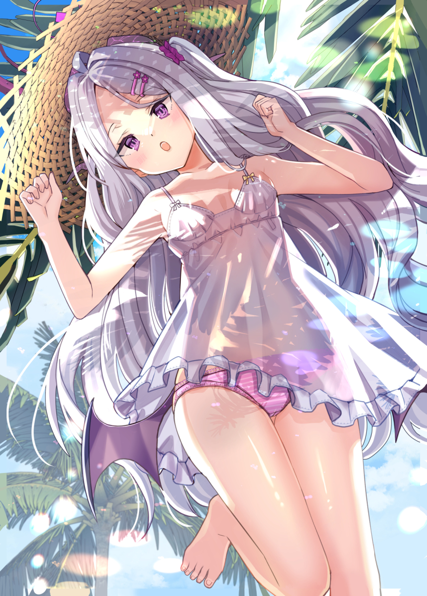 1girl :d ahoge alternate_costume armpits ass bare_legs bare_shoulders barefoot black_halo blue_archive blue_sky blurry blush breasts cameltoe cloud cloudy_sky collarbone commentary_request cowboy_shot demon_girl demon_horns demon_wings depth_of_field dot_nose dress feet_up forehead frilled_dress frills from_below hair_ornament hair_over_shoulder hairclip halo hands_up hat highres hina_(blue_archive) horns jin_young-in loli long_hair looking_at_viewer low_wings multiple_horns official_alternate_hairstyle one_side_up open_mouth outdoors palm_tree panties parted_bangs pink_panties purple_eyes scrunchie see-through_clothes see-through_dress side_ponytail sidelocks sky small_breasts smile solo spaghetti_strap standing standing_on_one_leg straw_hat striped_clothes striped_panties summer sun_hat sundress sunlight teeth thigh_gap toenails toes tree underwear upper_teeth_only very_long_hair wavy_hair white_dress white_hair wings