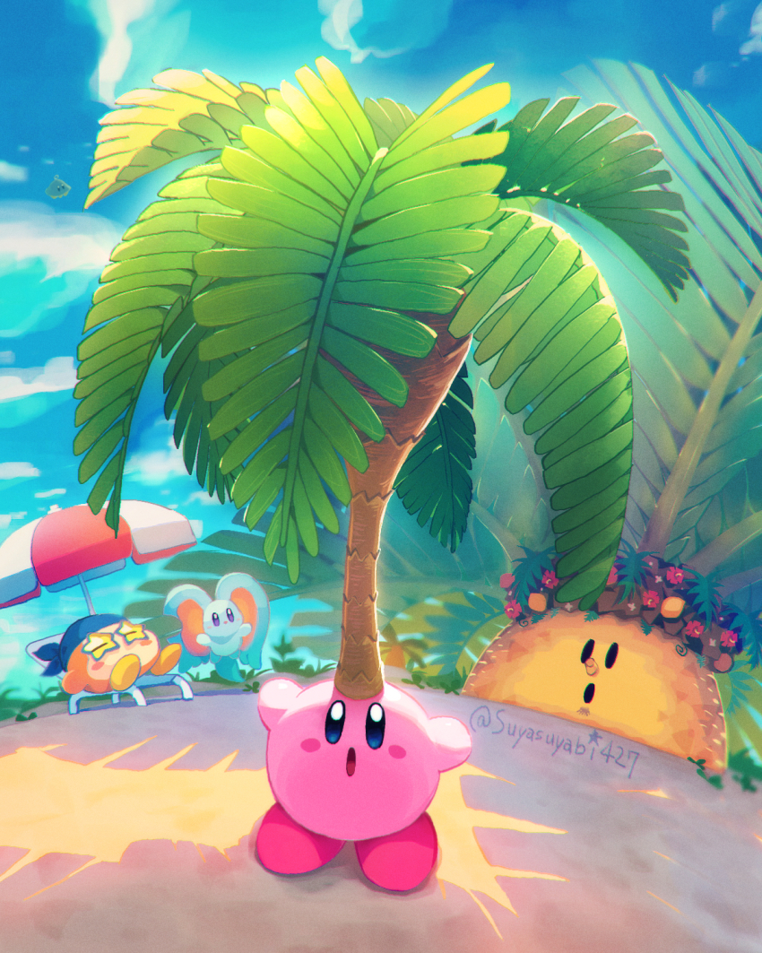 artist_name bandana bandana_waddle_dee beach_chair beach_umbrella blue_bandana blue_sky cloud commentary elfilin highres kirby kirby_(series) kirby_and_the_forgotten_land looking_at_viewer nintendo no_humans notched_ear object_on_head open_mouth outdoors palm_tree sand shadow sky solid_oval_eyes star-shaped_eyewear star_(symbol) sunglasses suyasuyabi symbol-only_commentary tree tropic_woods ufo_(kirby) umbrella watermark