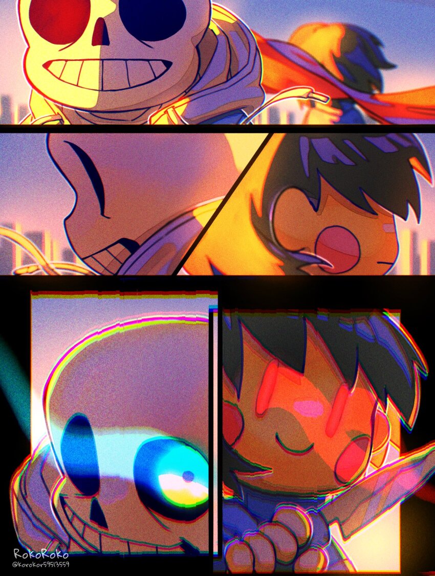 1boy 1other artist_name black_hair blue_jacket chara_(undertale) closed_mouth evil_smile glowing glowing_eye highres holding holding_knife holding_weapon hood hood_down hooded_jacket jacket knife korokor59513559 outdoors red_eyes sans_(undertale) short_hair skeleton smile sunset teeth twitter_username undertale weapon