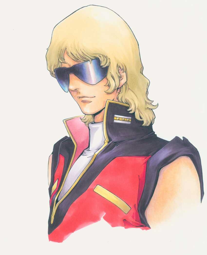 1boy andy_seto blonde_hair chinese_commentary commentary commentary_request cropped_torso english_commentary gundam highres male_focus marker_(medium) medium_hair mixed-language_commentary portrait quattro_bajeena red_vest smile solo sunglasses traditional_media vest zeta_gundam