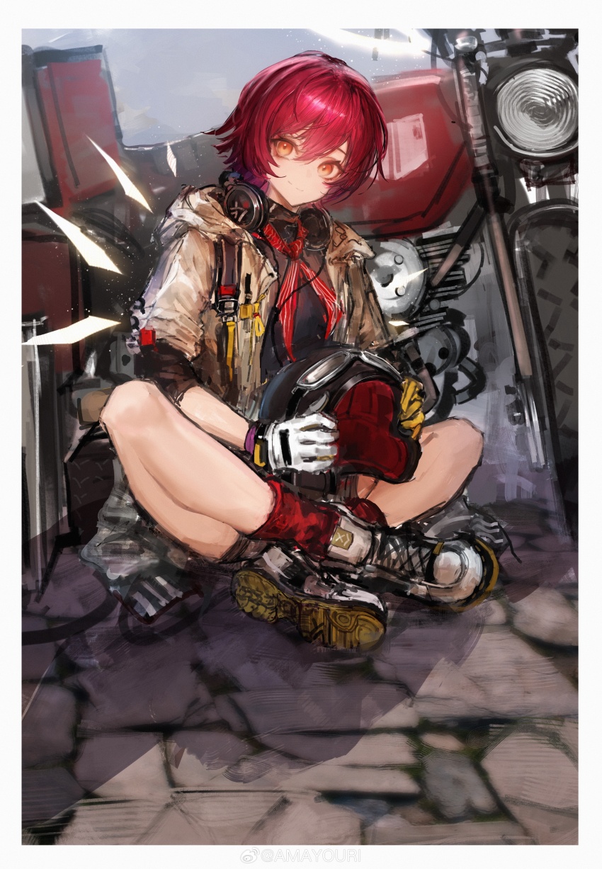 1girl absurdres amayouri arknights artist_name border chinese_commentary commentary_request detached_wings energy_wings exusiai_(arknights) exusiai_(city_rider)_(arknights) full_body gloves hair_between_eyes halo headphones headphones_around_neck helmet highres holding holding_helmet indian_style jacket kneehighs light_particles looking_at_viewer motor_vehicle motorcycle neckerchief on_ground open_clothes open_jacket orange_eyes red_hair red_socks shoes short_hair sitting smile socks solo striped_neckerchief traditional_halo vertical-striped_neckerchief watermark weibo_watermark white_border white_gloves white_jacket white_shoes wings yellow_halo