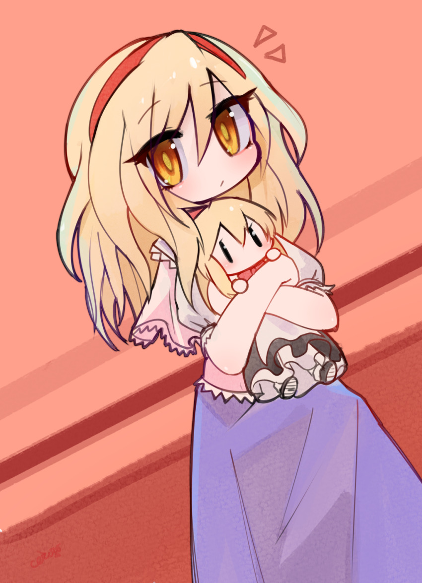 1girl 1other alice_margatroid black_dress blonde_hair blue_dress blush ceroro doll dress headband highres hugging_doll hugging_object looking_at_viewer medium_hair red_headband red_ribbon ribbon shanghai_doll touhou yellow_eyes