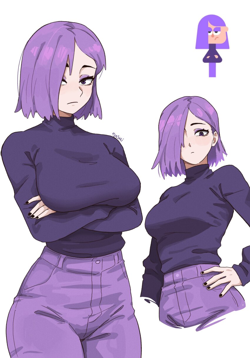 1girl absurdres artist_name breasts closed_mouth commentary cropped_legs crossed_arms dashi_(dashiart) duolingo english_commentary frown hair_over_one_eye hand_on_own_hip high-waist_pants highres large_breasts lily_(duolingo) long_sleeves looking_at_viewer makeup multiple_views nail_polish pants purple_eyes purple_hair purple_pants reference_inset simple_background turtleneck white_background