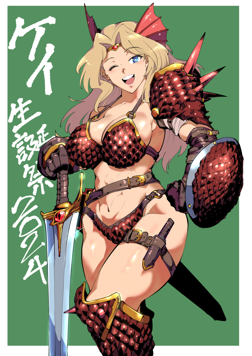 1girl 2024 absurdres armor armored_boots belt bikini bikini_armor birthday black_belt black_gloves blonde_hair blue_eyes boots breasts buckler character_name cleavage commentary_request girls_und_panzer gloves greaves green_background hair_intakes highres holding holding_sword holding_weapon kawasumi_ayako kay_(girls_und_panzer) knife large_breasts long_hair looking_at_viewer navel o-ring o-ring_bikini one_eye_closed open_mouth partial_commentary pauldrons red_bikini red_footwear sheath sheathed shield shinkuukan_(tetsuo3) shoulder_armor single_pauldron smile solo spiked_pauldrons standing swimsuit sword thigh_strap tiara translated voice_actor_connection weapon