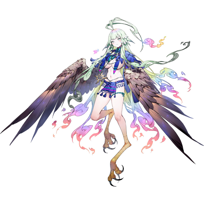 1girl ahoge antenna_hair aqua_eyes aqua_hair bird_legs blue_loincloth blush breasts brown_feathers bukurote covering_breasts covering_privates fate/grand_order fate_(series) feather_hair feathered_wings feathers fiery_hair flying full_body game_cg gradient_hair harpy highres huge_ahoge jewelry large_breasts loincloth long_hair looking_at_viewer louhi_(fate) louhi_(third_ascension)_(fate) midair monster_girl multicolored_hair navel necklace official_art pink_hair purple_hair solo tachi-e talons thighlet transparent_background very_long_hair winged_arms wings