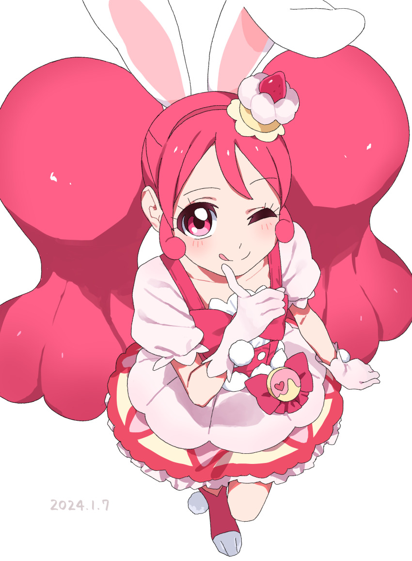 1girl :q absurdres animal_ears brooch cake_hair_ornament circle_skirt commentary cure_whip dated food-themed_hair_ornament gloves hair_ornament hairband highres hiji_rida index_finger_raised jewelry kirakira_precure_a_la_mode layered_skirt long_sleeves looking_at_viewer magical_girl one_eye_closed paw_shoes pink_eyes pink_hair precure puffy_short_sleeves puffy_sleeves rabbit_ears shirt short_bangs short_sleeves sidelocks simple_background skirt smile solo tongue tongue_out twintails usami_ichika white_background white_gloves white_shirt