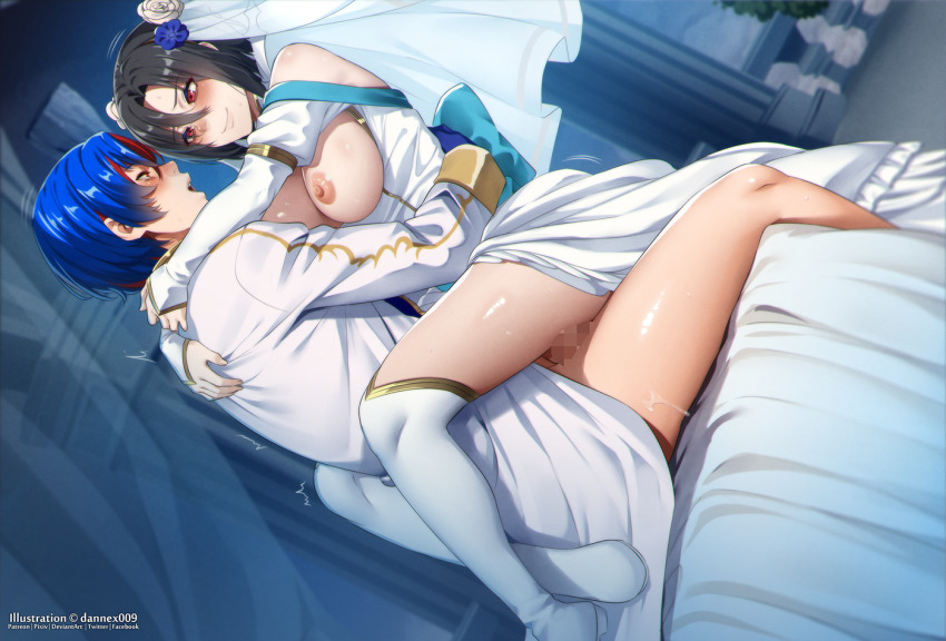 1boy 1girl bed black_hair blue_hair breasts bridal_veil bride censored closed_mouth commentary dannex009 dress dutch_angle english_commentary fire_emblem fire_emblem_engage fire_emblem_heroes from_side groom hetero hug husband_and_wife indoors large_breasts long_sleeves looking_at_another male_alear_(fire_emblem) mosaic_censoring multicolored_hair nel_(fire_emblem) nel_(stoic_bride)_(fire_emblem) nintendo nipples official_alternate_costume on_bed open_mouth red_eyes red_hair sex short_hair sitting smile split-color_hair story_in_commentary straddling thighhighs thighs two-tone_hair upright_straddle veil wedding_dress white_dress white_thighhighs