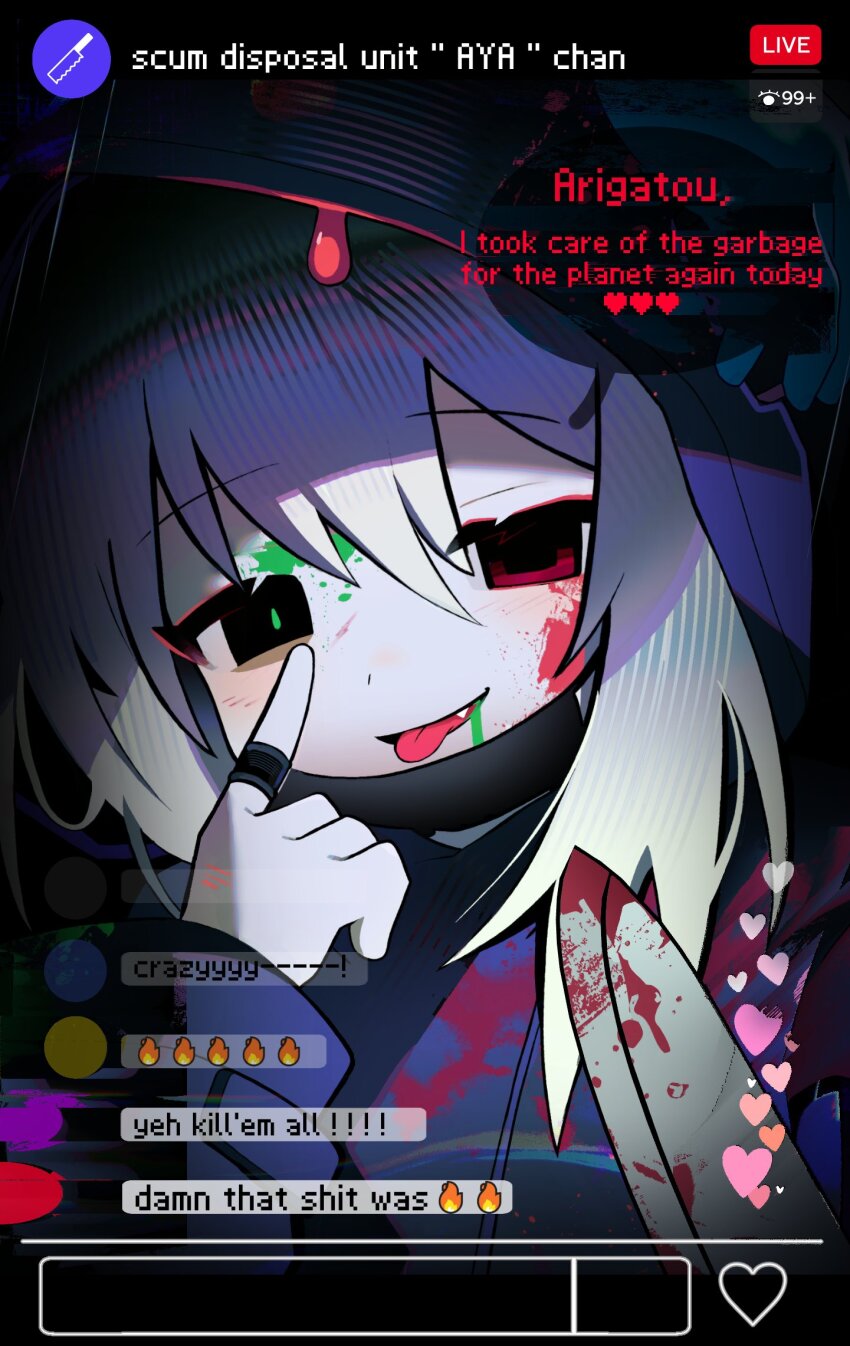 1girl akanbe black_eyes black_hoodie blood bloody_knife chat_log english_text eyelid_pull fang grey_hair heart highres hood hood_up hoodie jewelry knife livestream long_hair long_sleeves looking_at_viewer mask mask_pull mismatched_pupils morizo_(morizoshop) mouth_mask open_mouth original paint_splatter paint_splatter_on_face ring smile solo speech_bubble tongue tongue_out upper_body