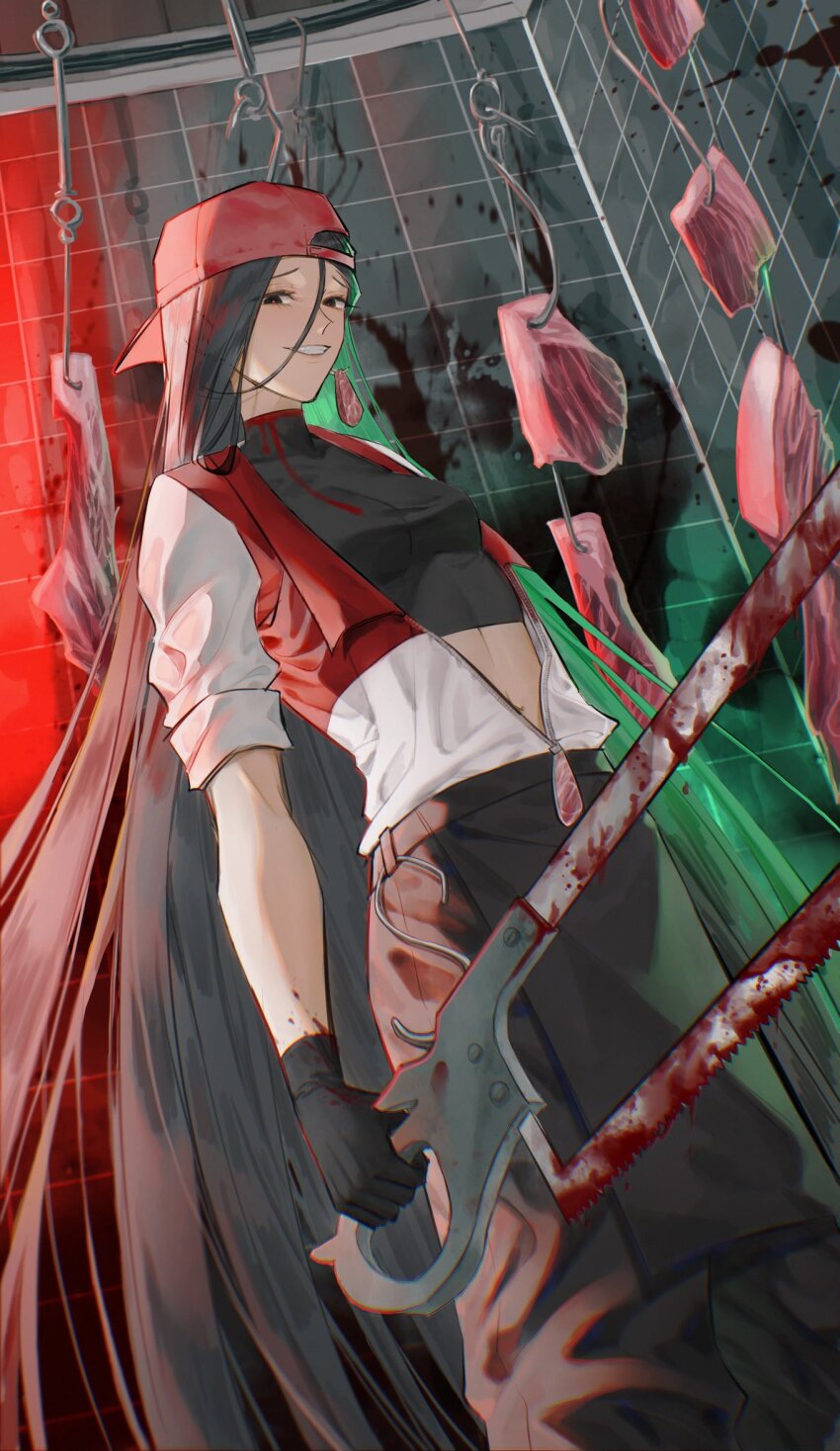 1girl backwards_hat baseball_cap black_eyes black_gloves black_hair black_pants black_shirt blood breasts butcher butcher_shop_(place) butcher_vanity_(synthesizer_v) cleaver evil_smile food gloves hair_between_eyes hanging_food hat highres holding holding_cleaver jacket long_hair looking_at_viewer luciasher meat meat_hook medium_breasts midriff navel open_clothes open_jacket pants raw_meat red_hat red_trim shirt short_sleeves smile solo synthesizer_v teeth very_long_hair white_jacket yi_xi_(synthesizer_v) zipper