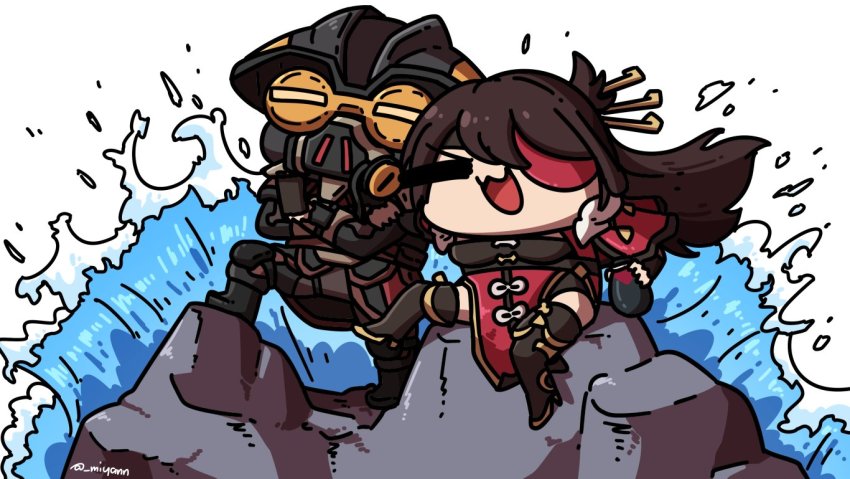 1girl 1other :3 allegra_clark apex_legends beidou_(genshin_impact) black_footwear black_jacket bloodhound_(apex_legends) bloody_buccaneer_bloodhound boots breasts brown_hair chibi commentary crossed_arms crossover english_commentary floating_hair genshin_impact helmet holding_jug jacket long_hair medium_breasts miyan_(oceanmaiden) official_alternate_costume open_mouth pelvic_curtain rock smile trait_connection voice_actor_connection waves