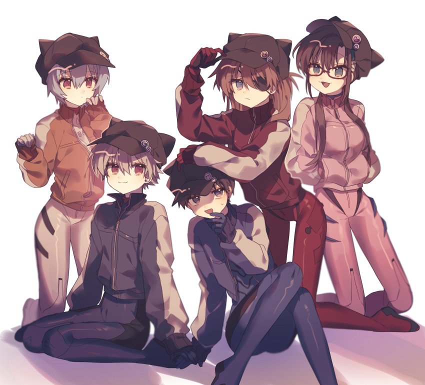 2boys 3girls :3 :d adjusting_clothes adjusting_headwear animal_ear_headwear animal_ears ayanami_rei badge black_hair black_headwear blue_bodysuit blue_eyes blue_hair blue_jacket bodysuit bodysuit_under_clothes brown_hair button_badge closed_mouth commentary cosplay dot_nose evangelion:_3.0_you_can_(not)_redo eyepatch eyes_visible_through_hair fake_animal_ears feet_out_of_frame frown full_body glasses hair_between_eyes hair_over_shoulder hairband hands_in_pockets hat highres holding_hands ikari_shinji jacket kneeling knees_up leaning_on_person long_hair long_sleeves looking_at_another looking_at_viewer low_twintails makinami_mari_illustrious mecha_pilot_suit multiple_boys multiple_girls nagisa_kaworu neon_genesis_evangelion open_clothes open_jacket open_mouth orange_hair orange_jacket parted_bangs partially_unzipped pink_bodysuit pink_jacket plugsuit_(evangelion) rebuild_of_evangelion red-framed_eyewear red_bodysuit red_eyes red_jacket shirasunuko short_hair sitting sleeves_past_wrists smile souryuu_asuka_langley souryuu_asuka_langley_(cosplay) sweatdrop twintails two_side_up wariza white_background white_bodysuit zipper zipper_pull_tab