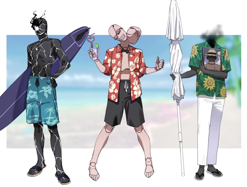 3boys abs beach_umbrella black_male_swimwear black_skin black_suit_(blue_archive) black_swim_trunks blue_archive blue_male_swimwear blue_swim_trunks colored_skin cup doll_joints drawstring floral_print full_body glowing glowing_eye golconda_&amp;_decalcomania_(blue_archive) green_shirt hand_on_own_hip hawaiian_shirt hibiscus_print highres holding joints maestro_(blue_archive) male_focus male_swimwear mitsutsuka monster multiple_boys multiple_heads open_clothes open_shirt palm_tree_print pants print_male_swimwear print_shirt print_swim_trunks print_swimsuit red_shirt sandals shirt standing summer sunglasses surfboard swim_trunks swimsuit thumbs_up toned toned_male topless_male umbrella white_pants