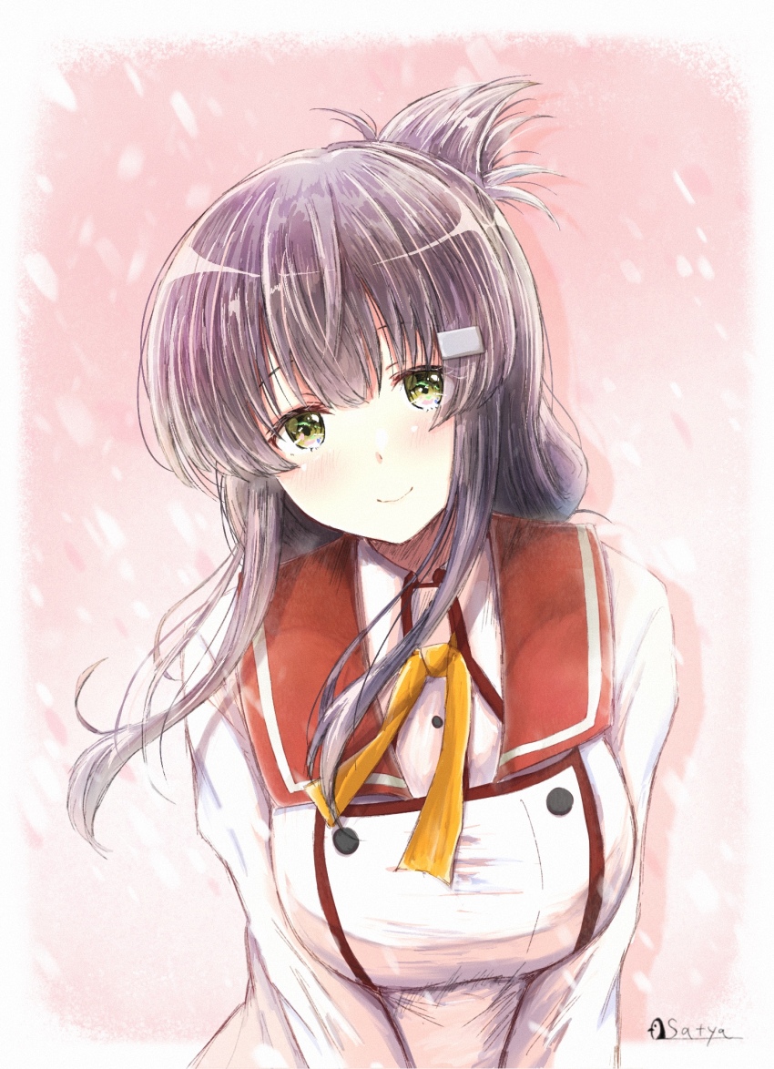 1girl artist_name blush breasts closed_mouth collared_shirt commentary_request folded_ponytail green_eyes hair_ornament hairclip highres large_breasts long_hair long_sleeves looking_at_viewer minoseki_gakuin_uniform neck_ribbon orange_ribbon purple_hair ribbon satya school_uniform shirt sidelocks smile solo toji_no_miko upper_body white_shirt winter_uniform yanase_mai