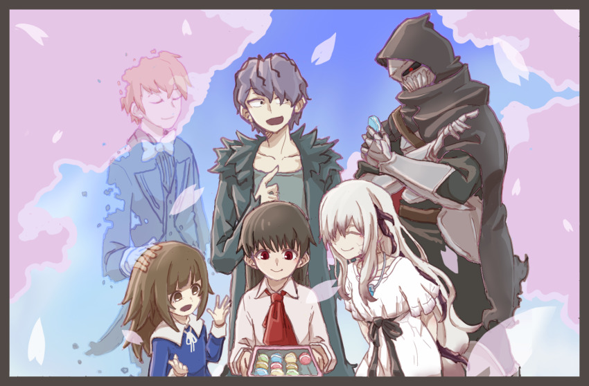 3boys 3girls alice_(deemo) armor blue_eyes closed_eyes collarbone crossed_arms deemo deemo_(character) ender_lilies_quietus_of_the_knights food garry_(ib) glowing glowing_eye grey_hair highres hood hooded_jacket ib_(ib) ib_(kouri) jacket lily_(ender_lilies) macaron multiple_boys multiple_girls petals red_eyes riva_(wolfox610riva) scroll smile spoilers umbral_knight_(ender_lilies)